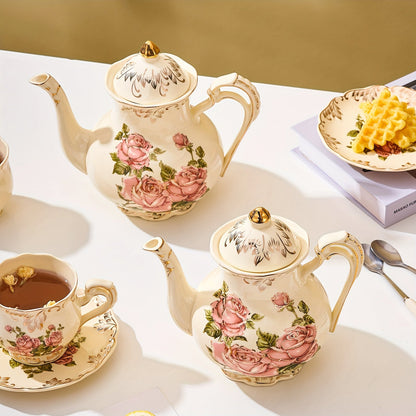 1pc Exquisite Floral Ceramic Coffee Pot - Retro Palace Style Blooming Tea Infuser, European-Inspired Afternoon Tea Set, Round Shaped, Flowers Patterned, Perfect for Home, Office, Hotel, Christmas, Thanksgiving, Valentines Day Good Vibrations