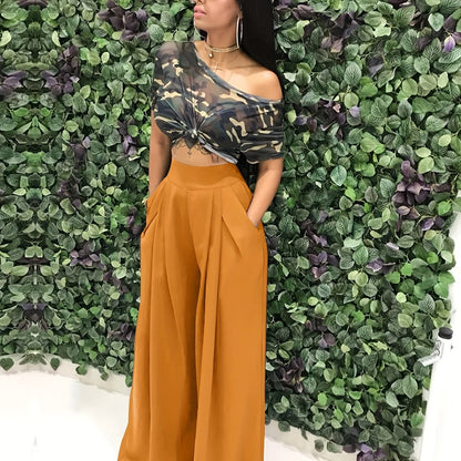 Loose Straight Flare Pants, Casual Pocket High Waist Solid Wide Leg Fashion Comfy Pants, Women's Clothing Good Vibrations