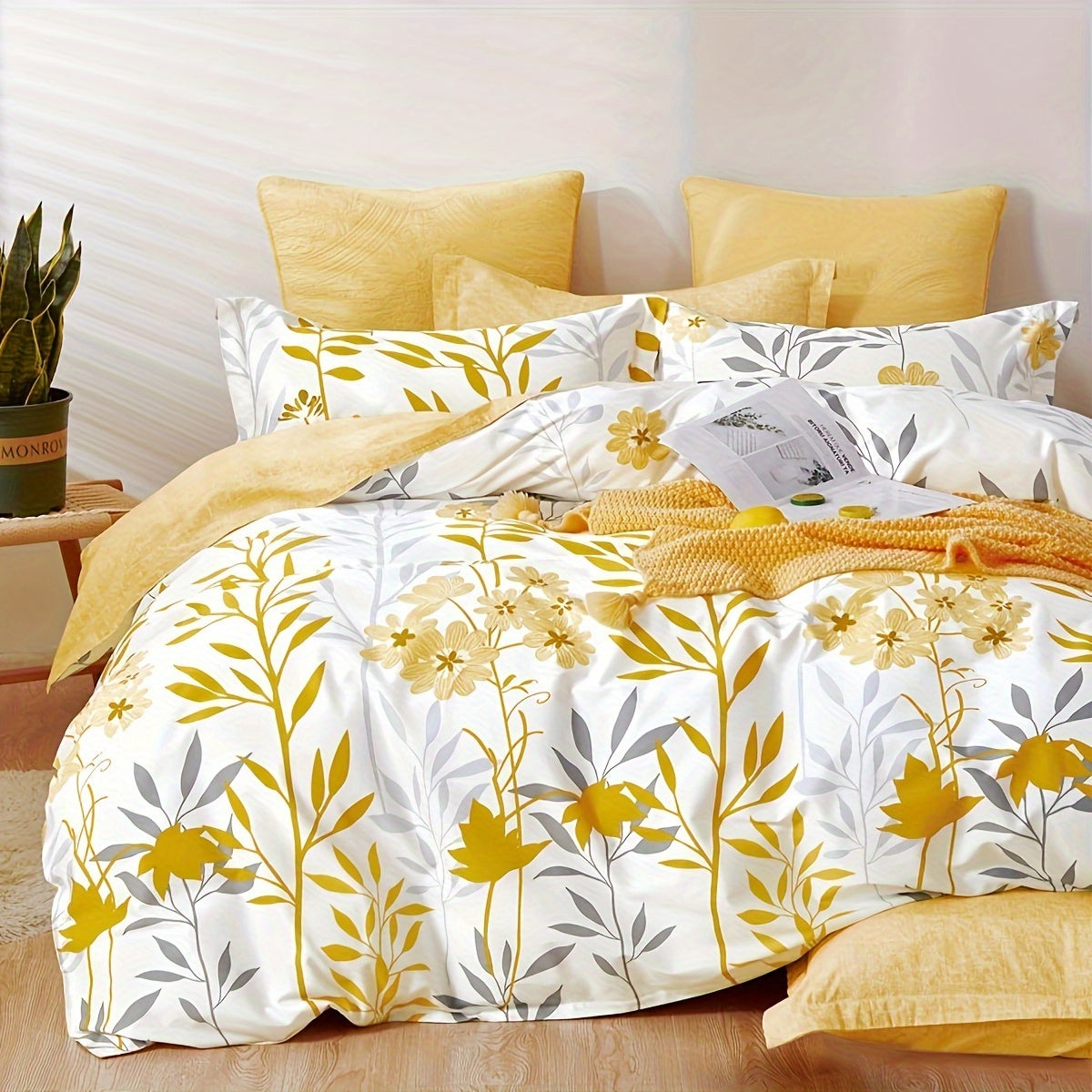 SLEEPBELLA Duvet Cover, 400 Thread Count Cotton Grey Branches and Yellow Flower Reversible Comforter Cover Good Vibrations