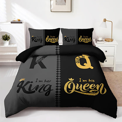 3pcs Black & Grey Crown Lettering Duvet Cover Set (1 Duvet Cover + 2 Pillowcases) - High Definition Printing For Home & Dorm Decor, Comforter Not Included Good Vibrations