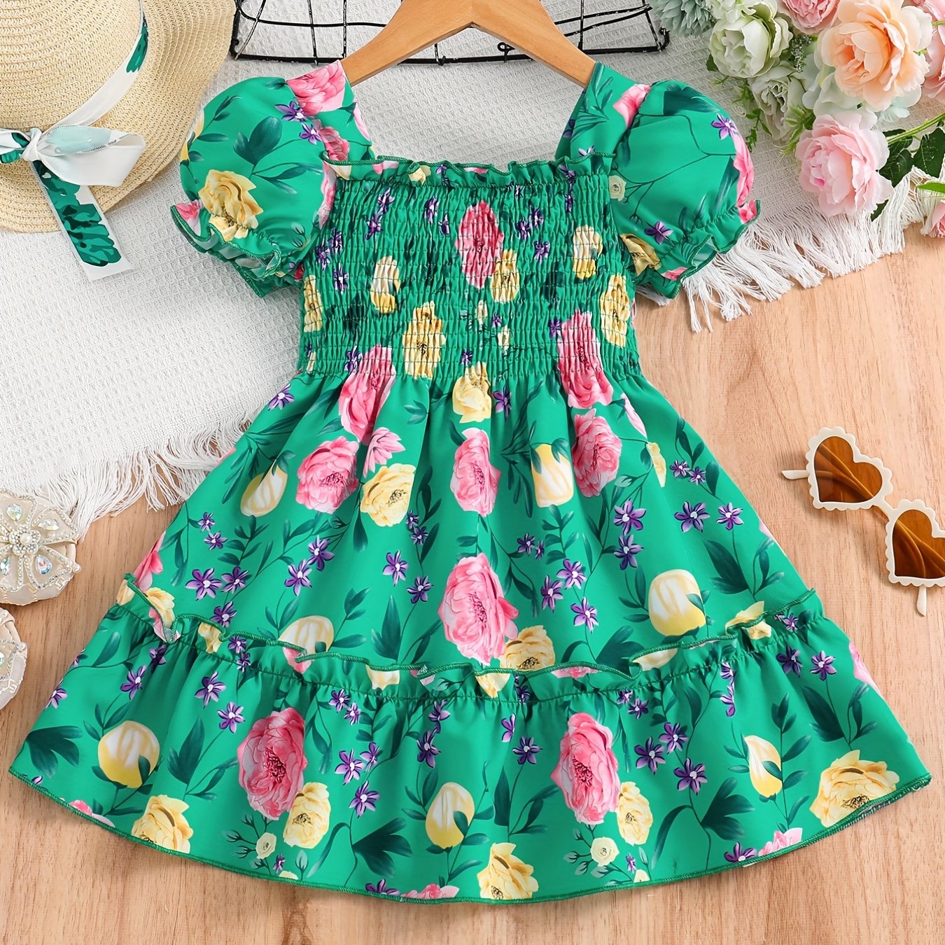 [Floral Party Dress] Floral Puff Sleeve Girls Party Dress | Shirred Ruffled Hem Kids Summer Clothes Good Vibrations