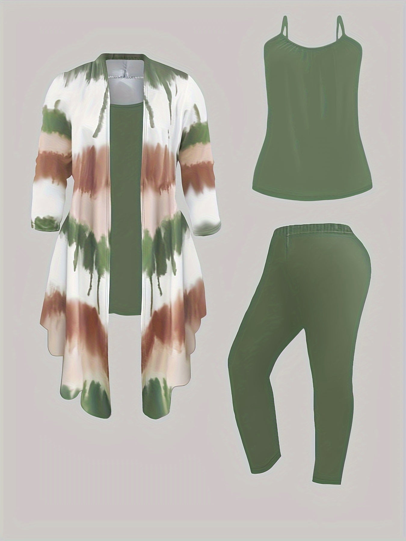 Three-Piece Plus Size Tie Dye Open Front Top & Solid Color Cami Top & Elastic Waist Pants Outfits, Women's Casual Clothing Set Good Vibrations