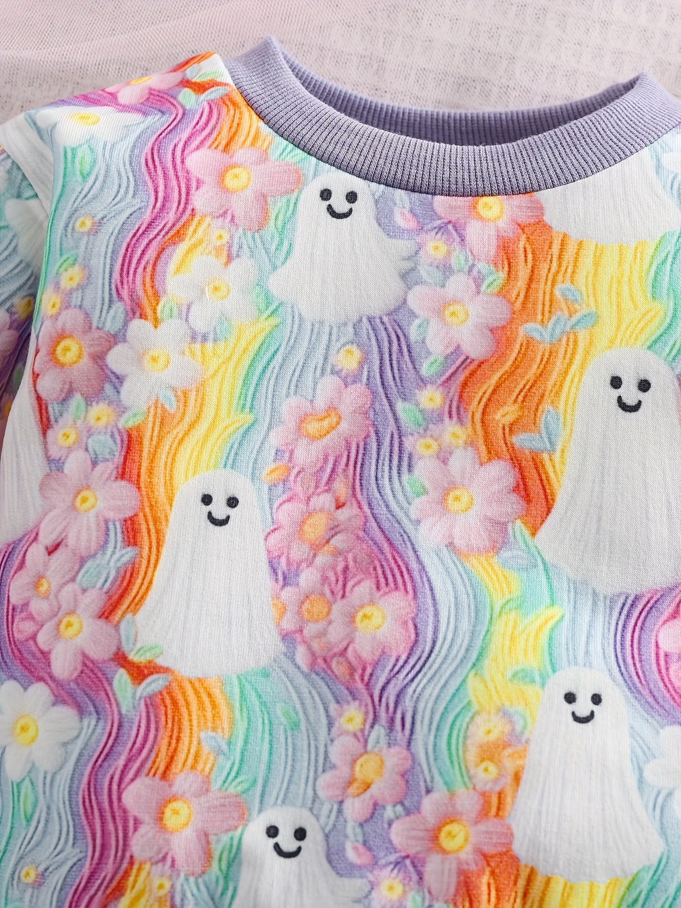 2pcs Baby's Halloween Style Ghost Pattern Rainbow Color Sweatshirt + Casual Pants, Toddler & Infant Girl's Clothing Set Good Vibrations