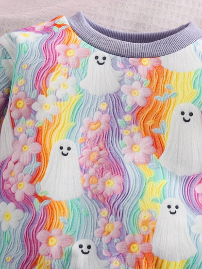 2pcs Baby's Halloween Style Ghost Pattern Rainbow Color Sweatshirt + Casual Pants, Toddler & Infant Girl's Clothing Set Good Vibrations