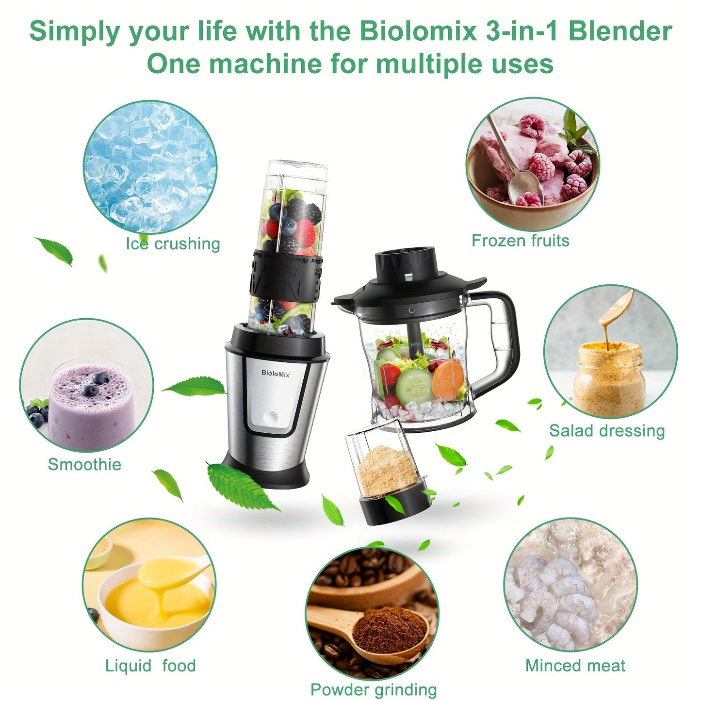 BioloMix 700W High-Speed Blender - 3-in-1 Smoothie Maker, Food Processor & Grinder Good Vibrations