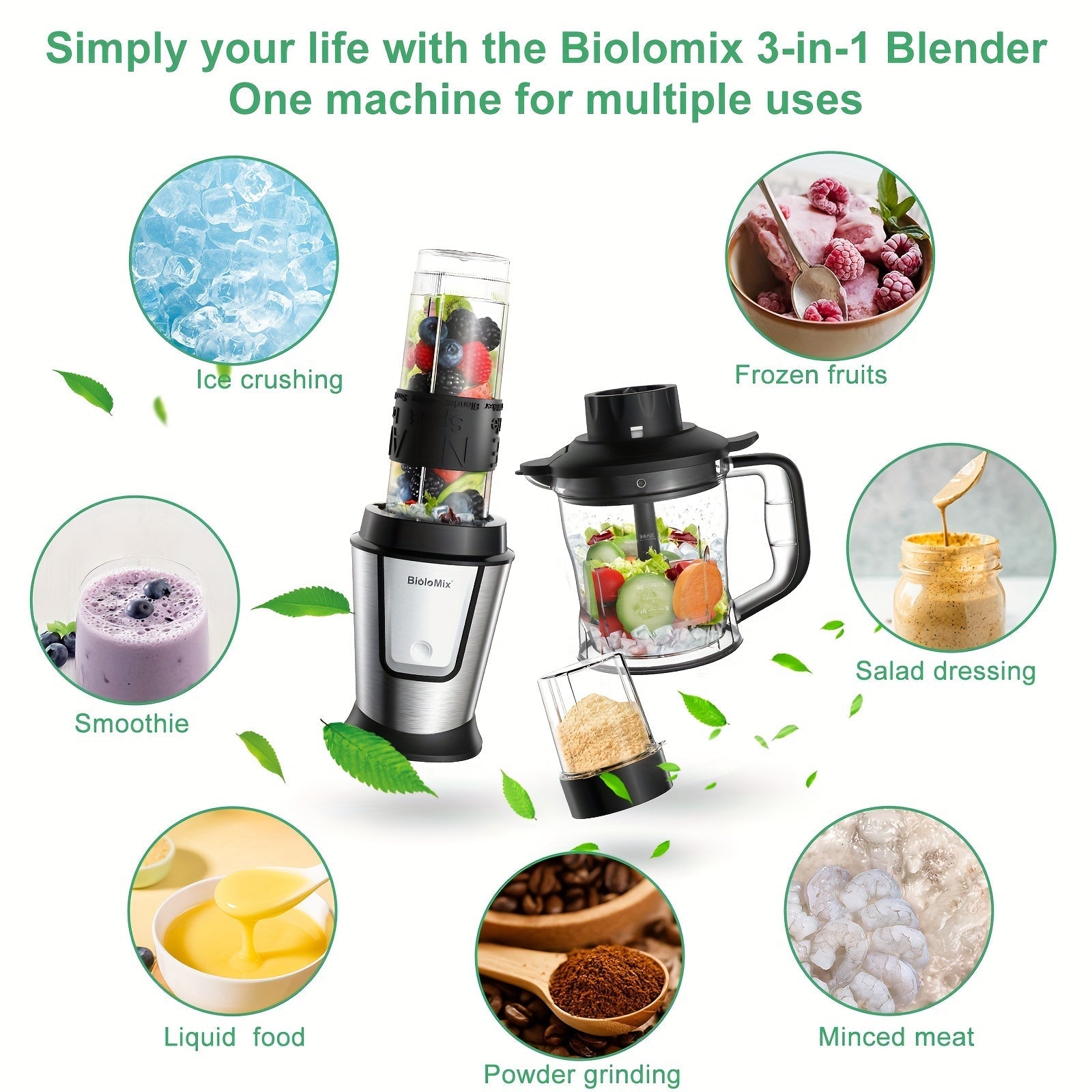 BioloMix 700W High-Speed Blender - 3-in-1 Smoothie Maker, Food Processor & Grinder Good Vibrations
