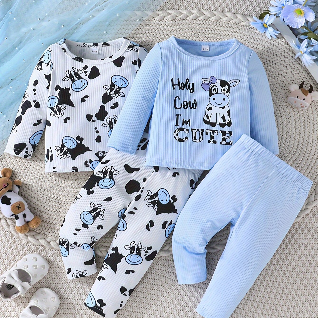 2 Sets Toddler & Infant Girl's Cartoon Cow Pattern Long Sleeve T-shirt + Casual Pants Clothing Set for Outdoor Good Vibrations