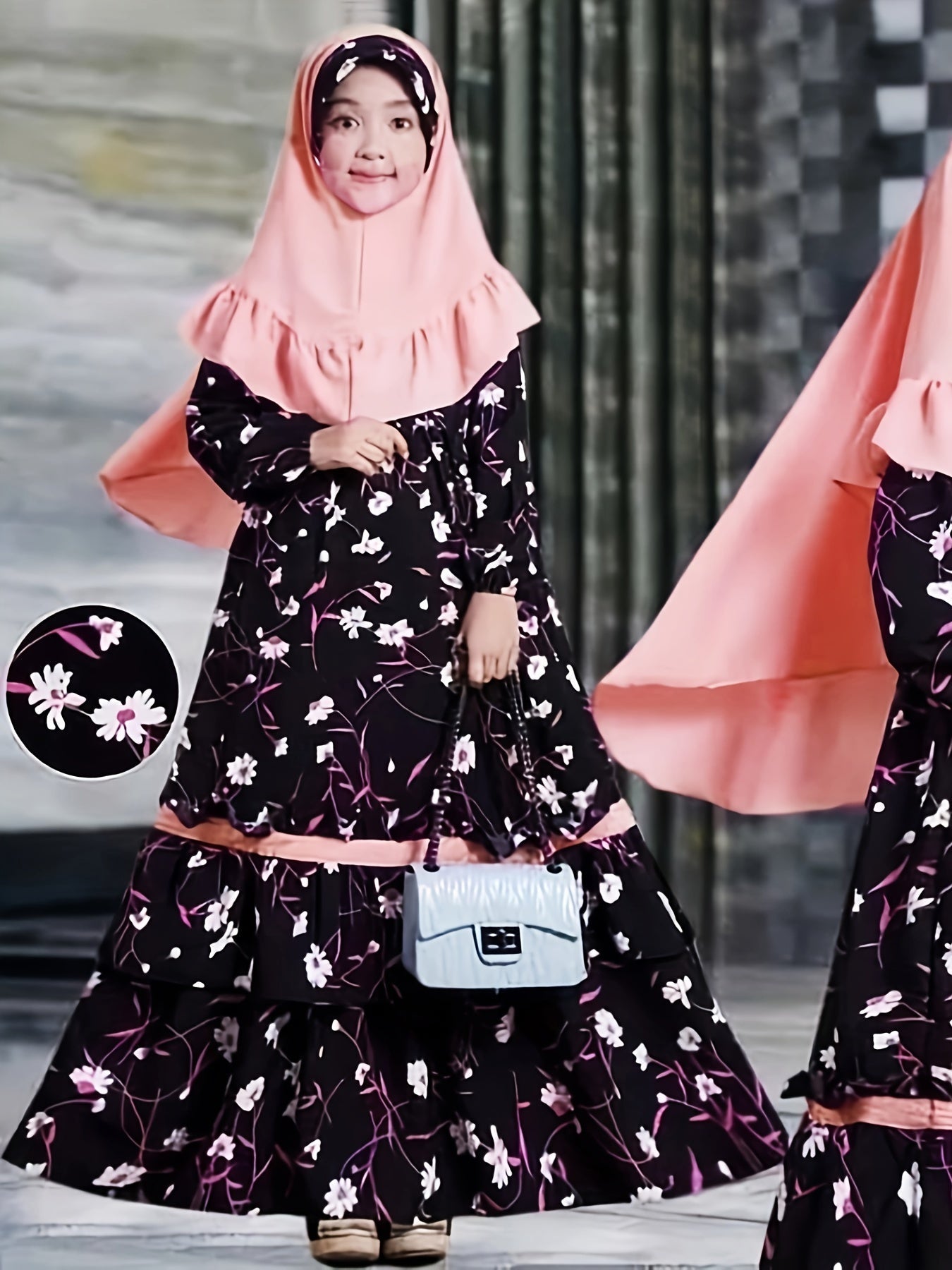 Girls Spring and Autumn Muslim Traditional Ethnic Clothing Set Long Sleeve Floral Dress + Headscarf Two-piece Set Good Vibrations