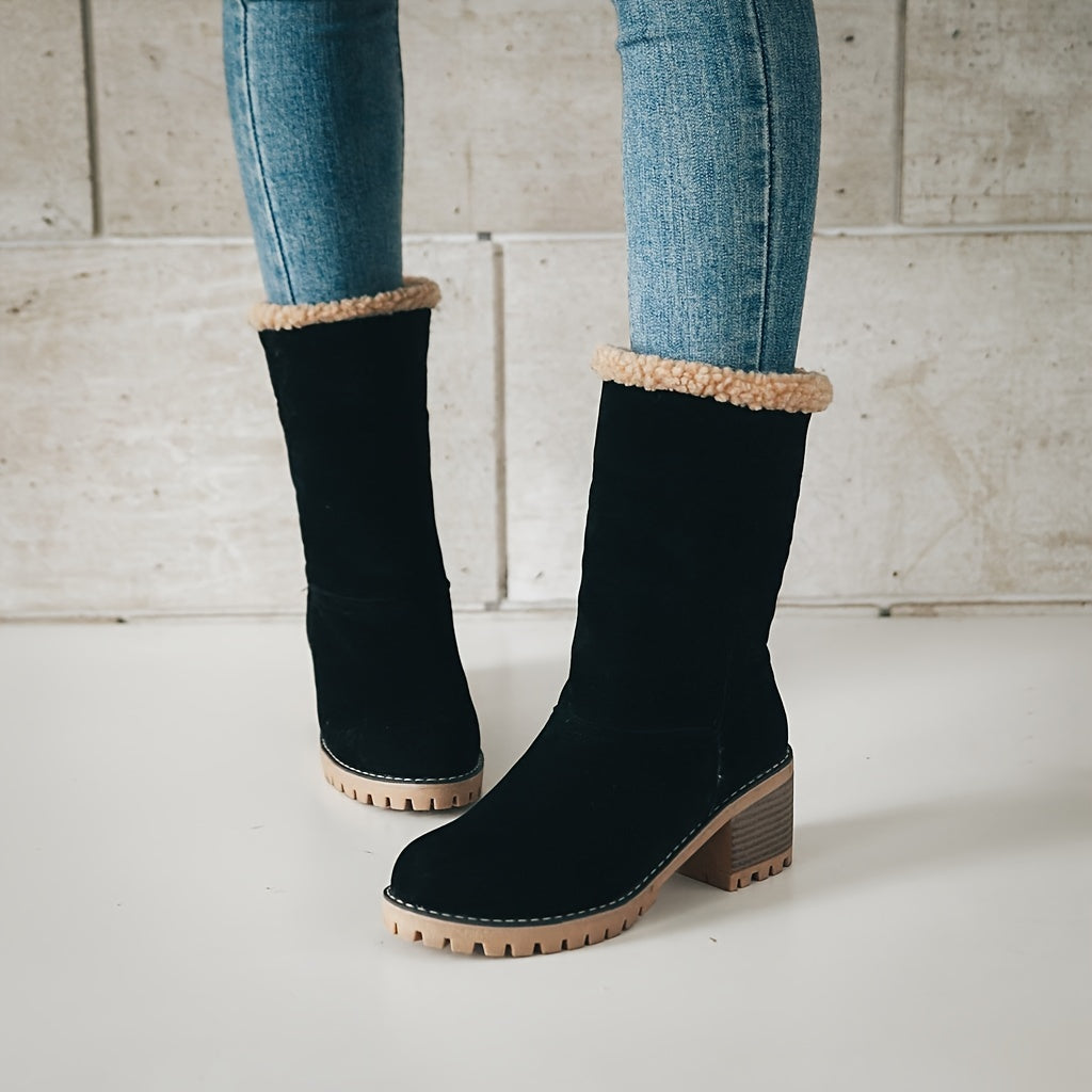 Women's Warm Faux Fur Lined Boots - Slip On Block Heeled Ankle Boots - Soft Faux Fur Lining - For Women - Perfect for Winter & Casual Occasions - Ideal Gift for Fashionable Women Good Vibrations