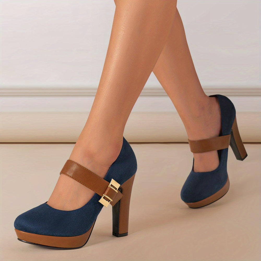 Women's Retro Style Round Toe High Heeled Pumps, Buckle Platform Block Heel Shoes, Women's Footwear Good Vibrations