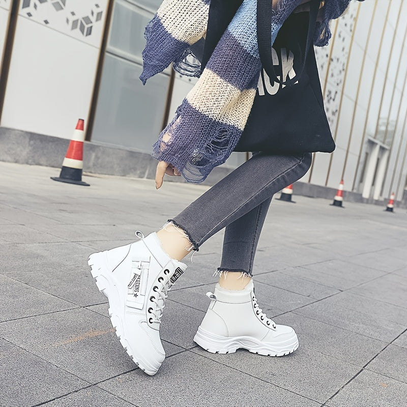 [Warm Fleece-Lined Winter Boots] Warm Fleece-Lined Women's Winter High-Top Boots - Thick Rubber Sole, Lace-Up Casual Style, White & Beige, Perfect for Cold Weather Comfort Good Vibrations