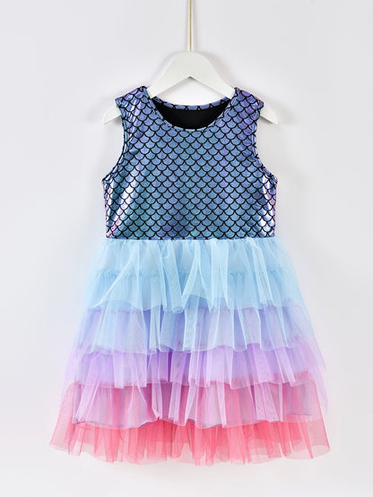 Mermaid Gradient Dress Girls' Casual Summer Short Sleeve Party Puff Skirt Versatile Dress Good Vibrations