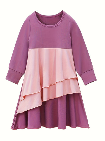Girl's Spring And Autumn Style Traditional Ethnic Clothing Set, Long-sleeved Asymmetric Ruffle Dress + Headscarf 2Pcs Set Good Vibrations