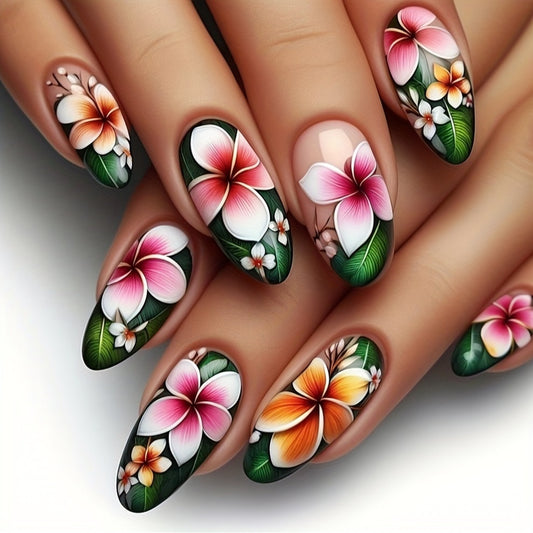 Mixed Color Floral Oval Long Press On Nails with Glossy Finish, French Almond Shape Faux Nail Tips Set, Water Drop Design Adhesive Nail Art Kit YA-28 Good Vibrations