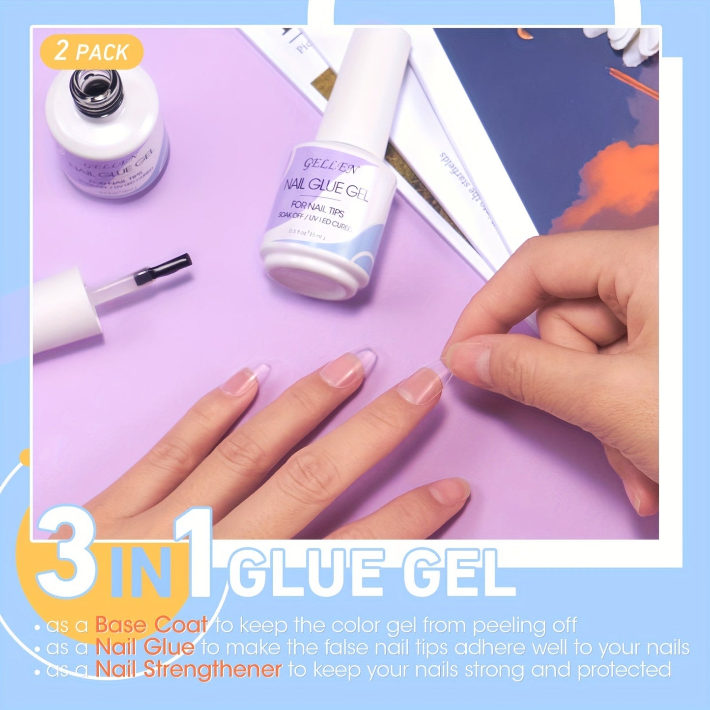 Gellen Gel Nail Glue 3 in 1 Gel Tips Nail Glue for Acrylic Nail Extension Super Strong Adhesive Bond Long Lasting Brush on Nail Glue Gel for Nail Tips Base Coat Slip Solution Curing Needed Good Vibrations