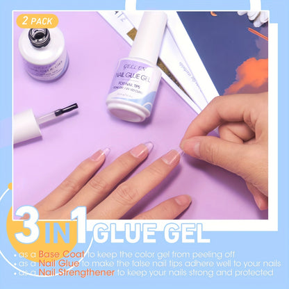 Gellen Gel Nail Glue 3 in 1 Gel Tips Nail Glue for Acrylic Nail Extension Super Strong Adhesive Bond Long Lasting Brush on Nail Glue Gel for Nail Tips Base Coat Slip Solution Curing Needed Good Vibrations