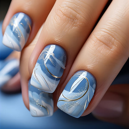 24-Piece Blue Ocean Wave Colorblock Aura Short Square Press-On Nails, Removable Glossy Nail Set for Women and Girls, Fashion Wearable Nail Tips for Fingers and Toes Good Vibrations