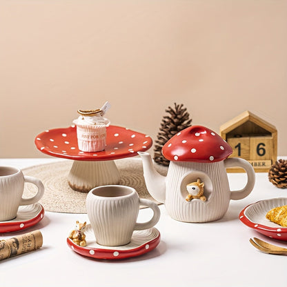 Charming Red Mushroom Ceramic Tea Set - Includes Teapot, Cups & Dessert Plates - Polished Metal Finish For All Seasons Good Vibrations