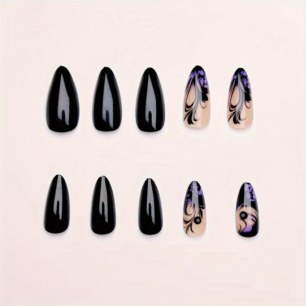 24-Piece Set Almond Shaped Nail Tips with Striped and Aura Patterns, Glossy Finish, Medium Length - Elegant Black and Purple Tones Good Vibrations
