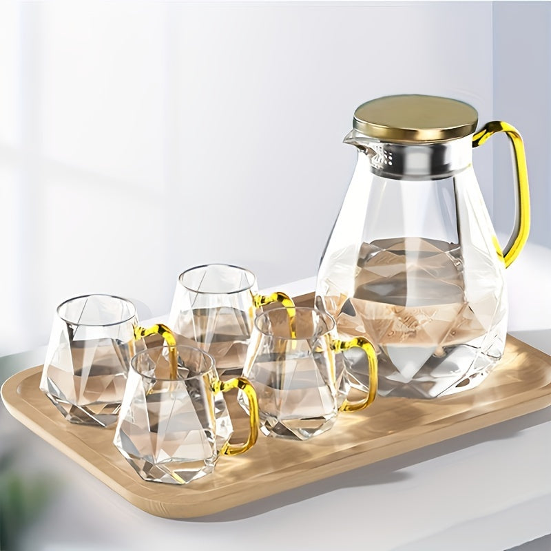 Set, Geometric Glass Pitcher And Glass Cups, 1800ml/60.87oz Drink Pitcher And 4pcs 350ml/11.84oz Water Cups, Heat Resistant Tea Set, Home Decor, Room Decor, Gifts Good Vibrations