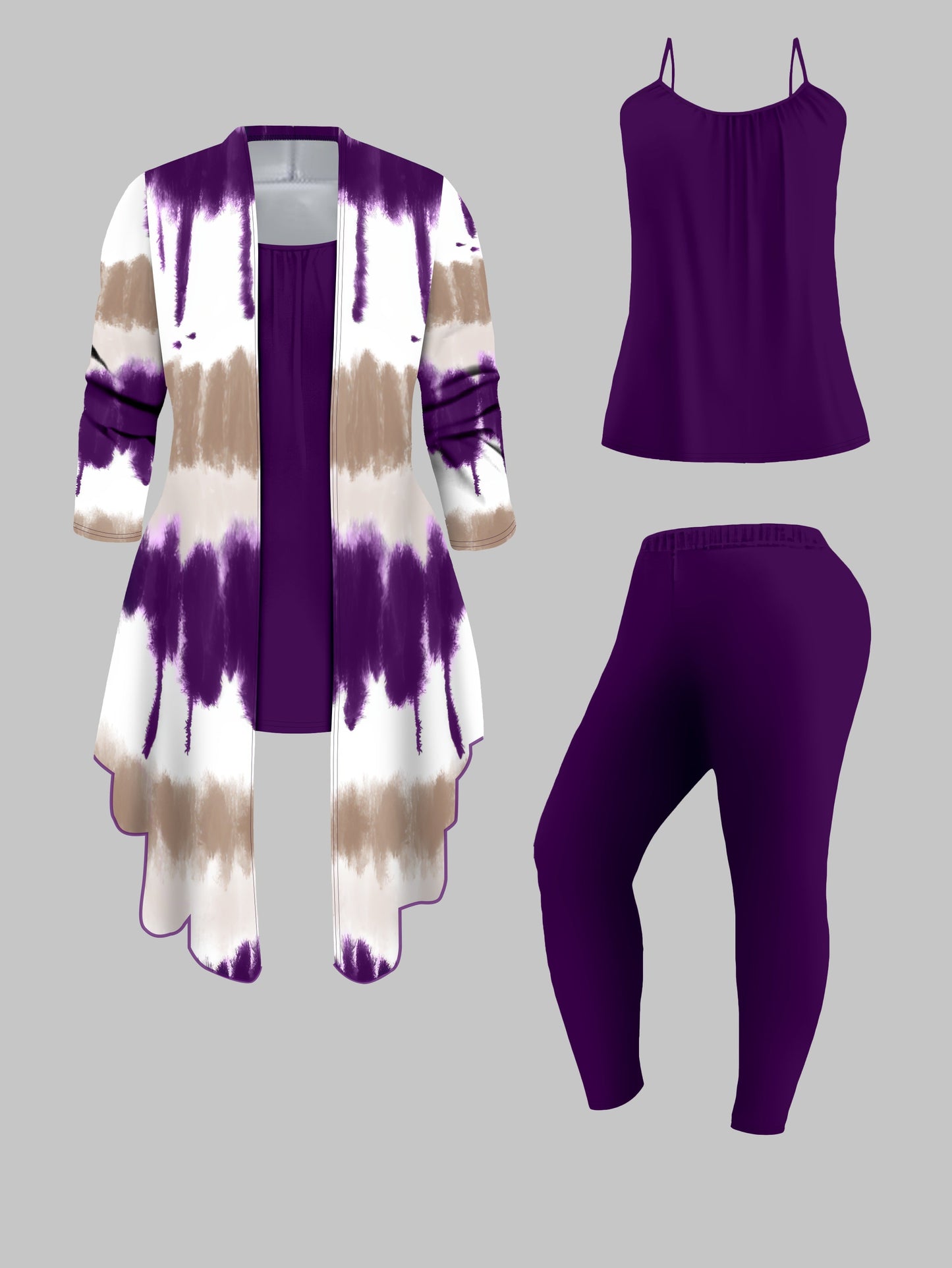 Three-Piece Plus Size Tie Dye Open Front Top & Solid Color Cami Top & Elastic Waist Pants Outfits, Women's Casual Clothing Set Good Vibrations