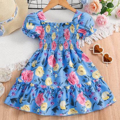 [Floral Party Dress] Floral Puff Sleeve Girls Party Dress | Shirred Ruffled Hem Kids Summer Clothes Good Vibrations