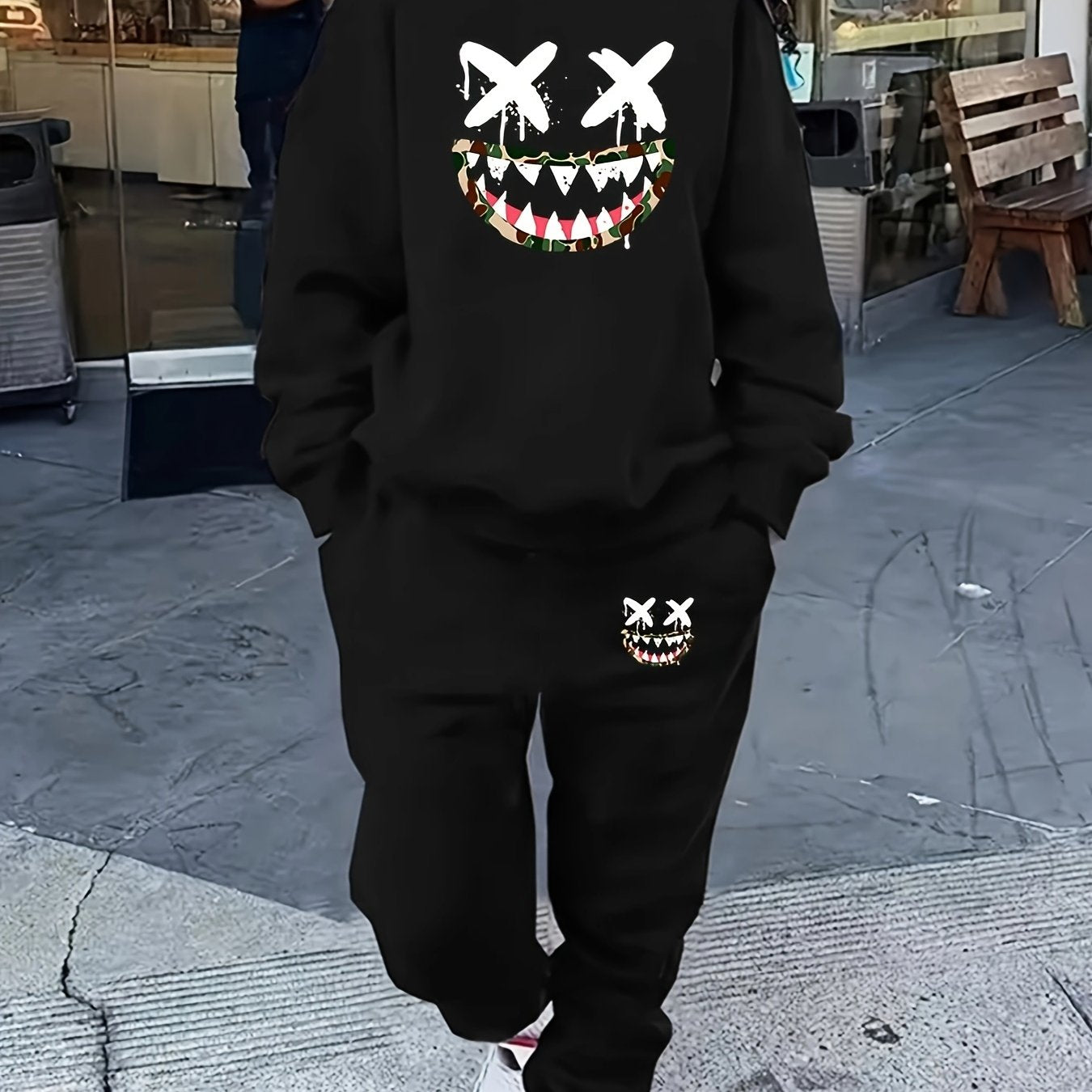 two-piece Women's Cartoon Print Sweatshirt and Pocket Pants Outfit - Comfortable and Stylish Clothing Set Good Vibrations