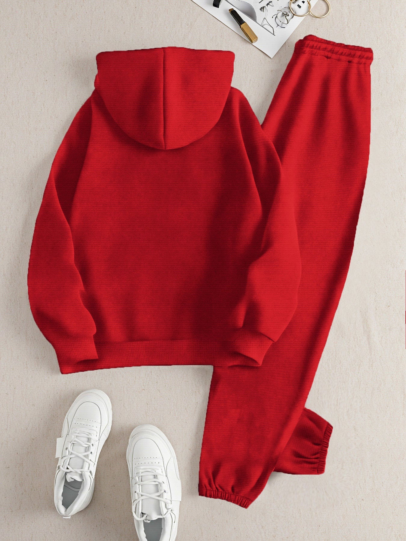 2025 Autumn Winter New Arrival, Sweet Cool Long Neck Deer Pattern Suit, Casual Letter Print Loose Warm Long Sleeve Hooded Sweatshirt with Elastic Drawstring Waist Pants Two-Piece Set, Women Two-piece Set Large Size Striped Ch Good Vibrations