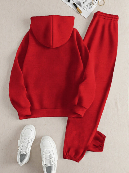 2025 Autumn Winter New Arrival, Sweet Cool Long Neck Deer Pattern Suit, Casual Letter Print Loose Warm Long Sleeve Hooded Sweatshirt with Elastic Drawstring Waist Pants Two-Piece Set, Women Two-piece Set Large Size Striped Ch Good Vibrations