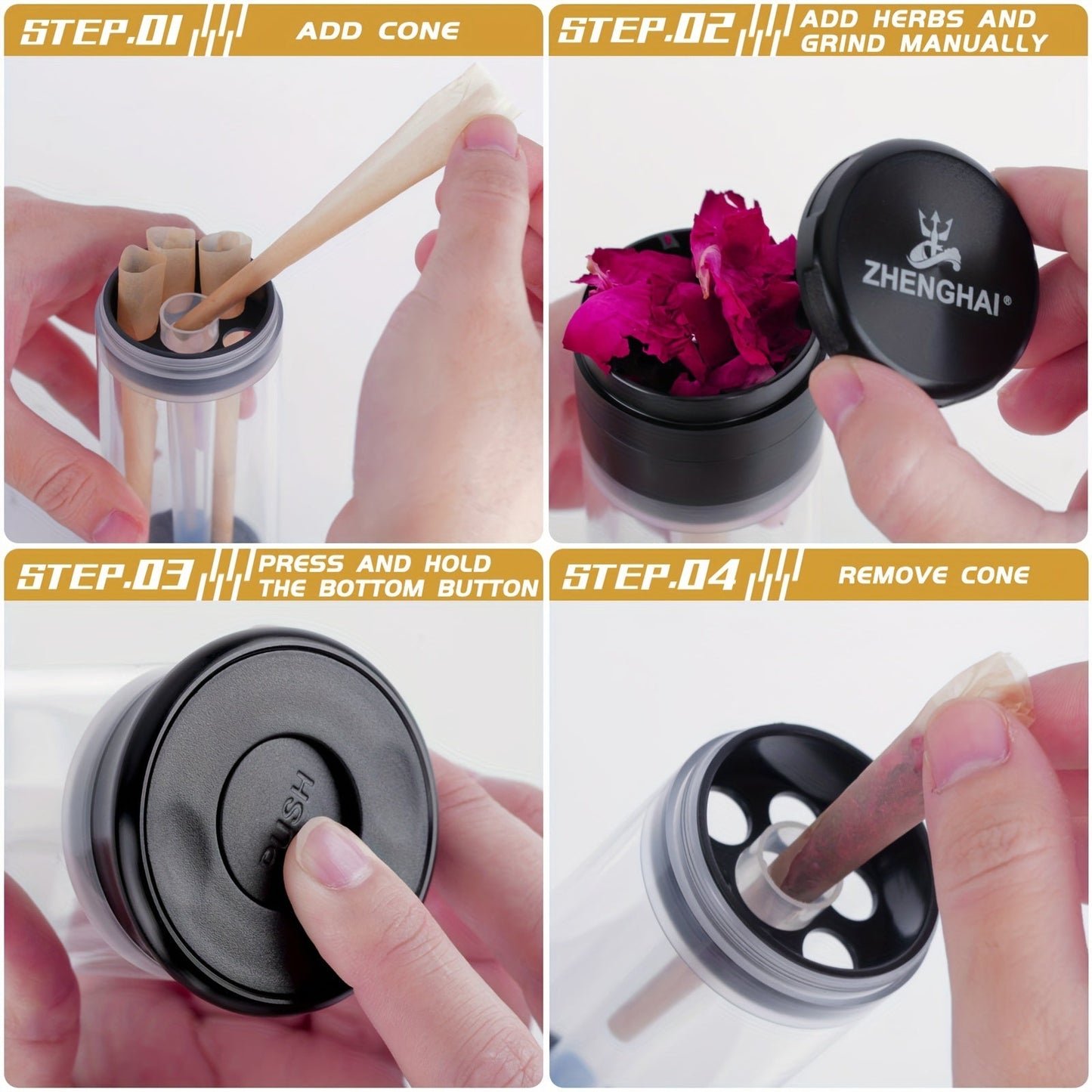 ZHENGHAI 3 In 1 Tobacco Grinder Herb Grinder Multifunctional Cone Loader Rolling Machine Blunt Joint Roller Machine Grinding Filling Storage All in One With Cleaning Brush Good Vibrations