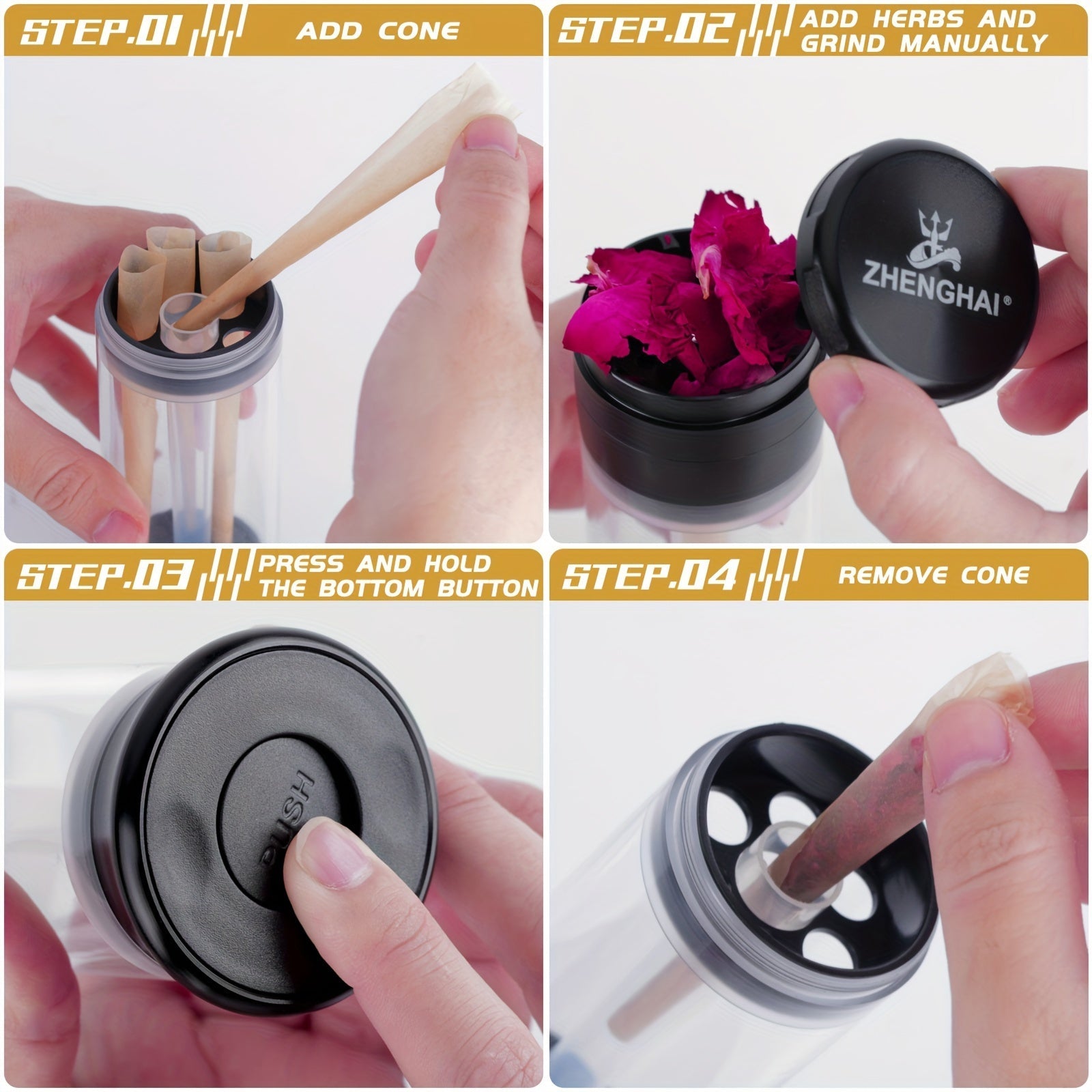 ZHENGHAI 3 In 1 Tobacco Grinder Herb Grinder Multifunctional Cone Loader Rolling Machine Blunt Joint Roller Machine Grinding Filling Storage All in One With Cleaning Brush Good Vibrations