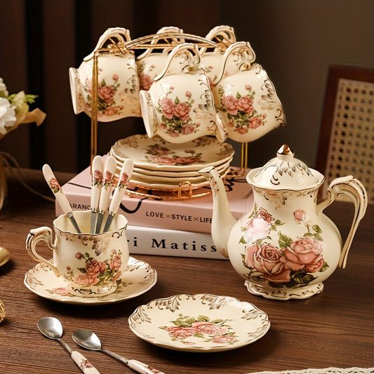 19-Piece Vintage European Tea Set for 6 - Elegant Porcelain Teacups, Saucers, Spoons, with Display Rack - Perfect for Entertaining, Tea Parties, Gifts Good Vibrations