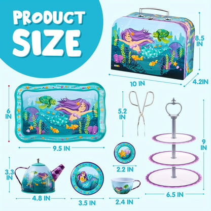 35pcs Mermaid Tea Party Set for Kids, Dress Up & Pretend Play, Pretend Tin Teapot Set, Princess Tea Time Play Kitchen Toy with Dessert, Doughnut, Carrying Case Birthday Easter Gifts for Toddlers Good Vibrations