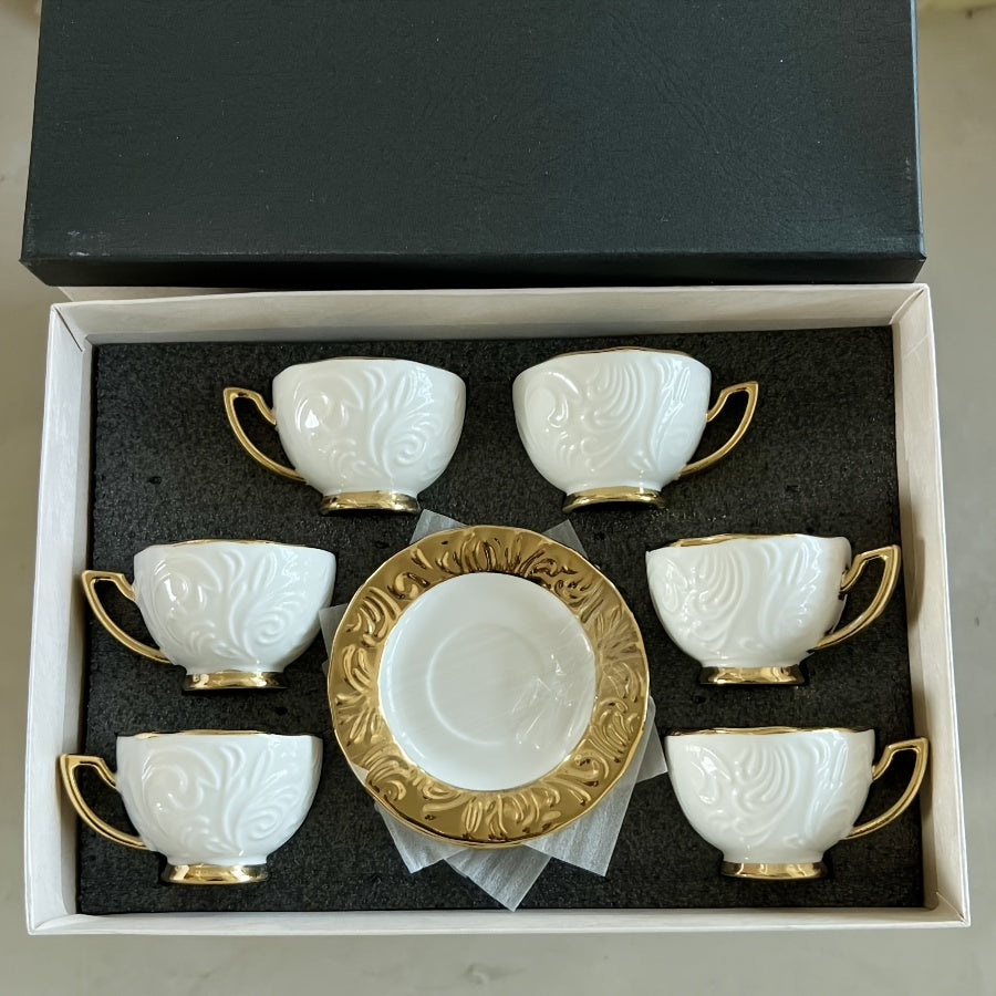 Luxurious Relief Floral Tea Set with Golden Trim: Includes 6 Cups, 6 Saucers, And 1 Large Tray - Perfect for Thanksgiving, Eid Al-Fitr, And More! Good Vibrations