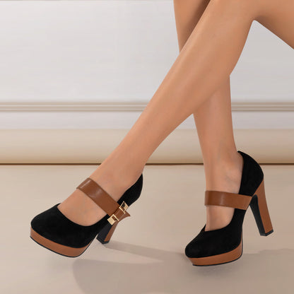 Women's Retro Style Round Toe High Heeled Pumps, Buckle Platform Block Heel Shoes, Women's Footwear Good Vibrations