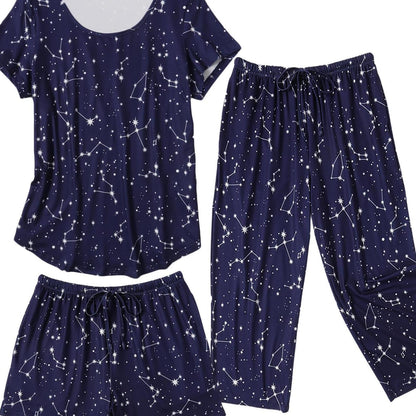 Fashion 3 PCS Capri Pajamas For Women Set Nightwear Housing Suit Super-Soft Housewear Casual Nightsuit Sleeping Suit Short Sleeve Pajama Sets Sleepsuit Floral Pj Sets Soft Sleepwear With Pockets Plus Size S-XXL Good Vibrations