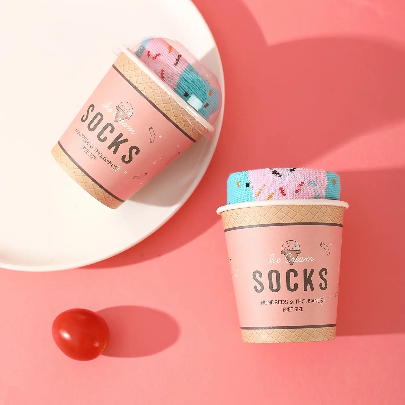 2025 Autumn/Winter New Arrival Funny Prank Gift Box Ice Cream Socks, Unisex Mid-Calf Knit Socks in Pink and Blue, Novel Food-Inspired Design, Stylish & Comfortable Streetwear/Casual Style for All Seasons – Perfect for Birth Good Vibrations
