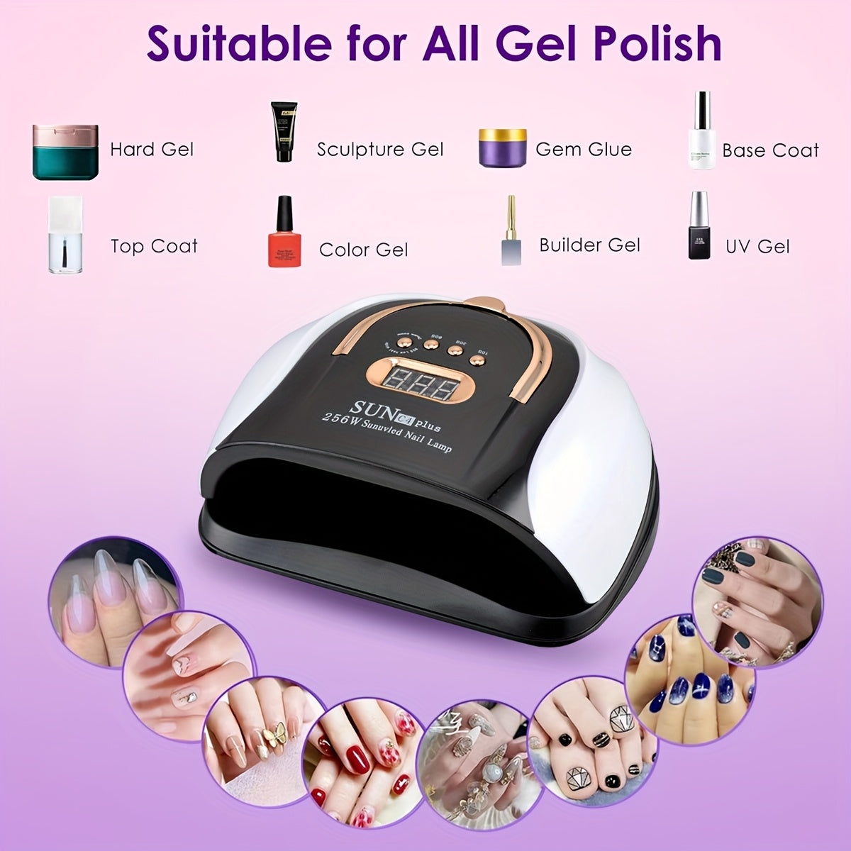 256W High-Power UV LED Nail Lamp with 4 Timer Settings, Automatic Sensor & Smart Display - Fast Gel Polish Curing, Purple & Black Design, Ergonomic Handle for Professional Manicures Good Vibrations