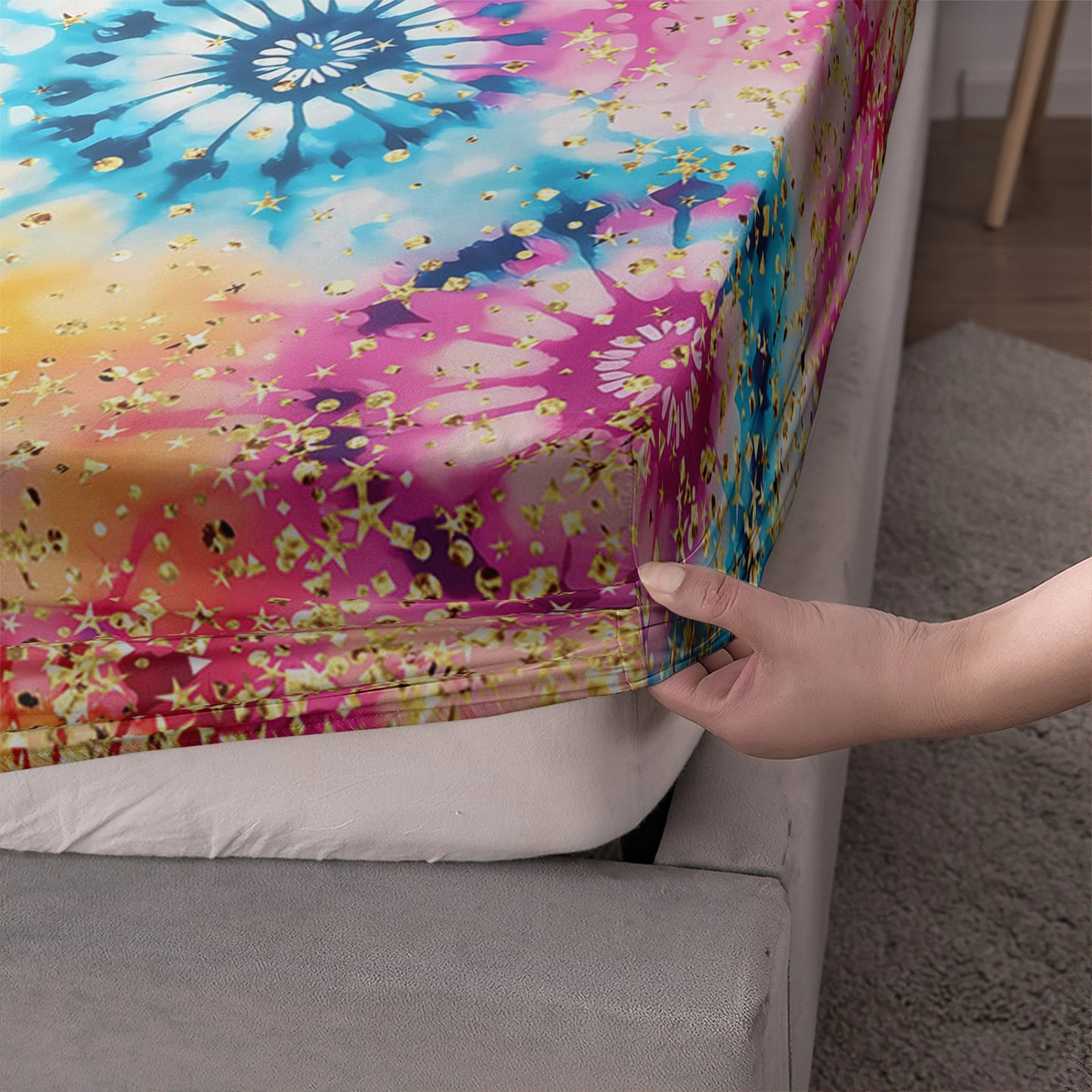 3pcs Tie Dye Fitted Sheets Bohemian Bedding Set Colorful Bed Set Glitter Stars Bedroom Decor Four Seasons (1Fitted Sheets + 2Pillowcases NO Flat Sheet) Good Vibrations