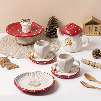 Charming Red Mushroom Ceramic Tea Set - Includes Teapot, Cups & Dessert Plates - Polished Metal Finish For All Seasons Good Vibrations