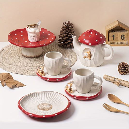 Charming Red Mushroom Ceramic Tea Set - Includes Teapot, Cups & Dessert Plates - Polished Metal Finish For All Seasons Good Vibrations