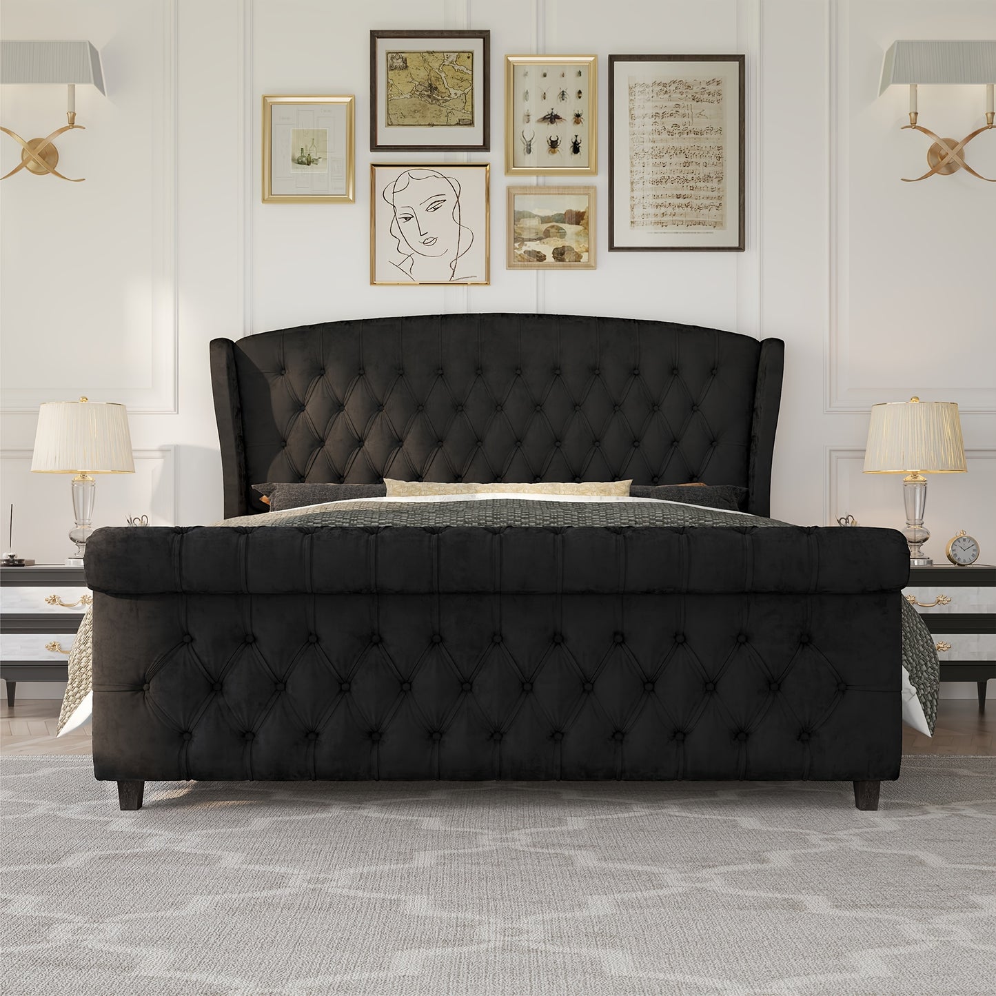 Platform Bed Frame, Chenille Upholstered Sleigh Bed with Scroll Wingback Headboard & Footboard/Button Tufted/No Box Spring Required/ Good Vibrations