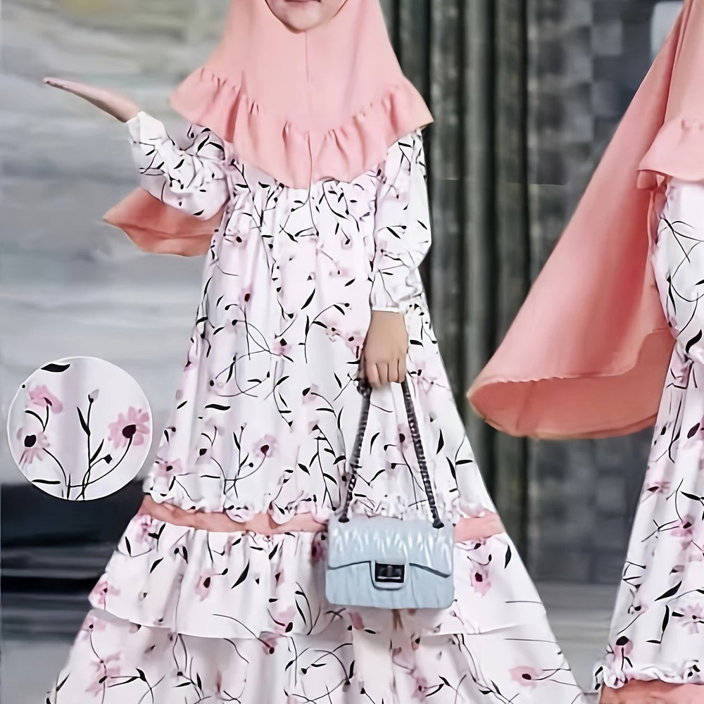 Girls Spring and Autumn Muslim Traditional Ethnic Clothing Set Long Sleeve Floral Dress + Headscarf Two-piece Set Good Vibrations