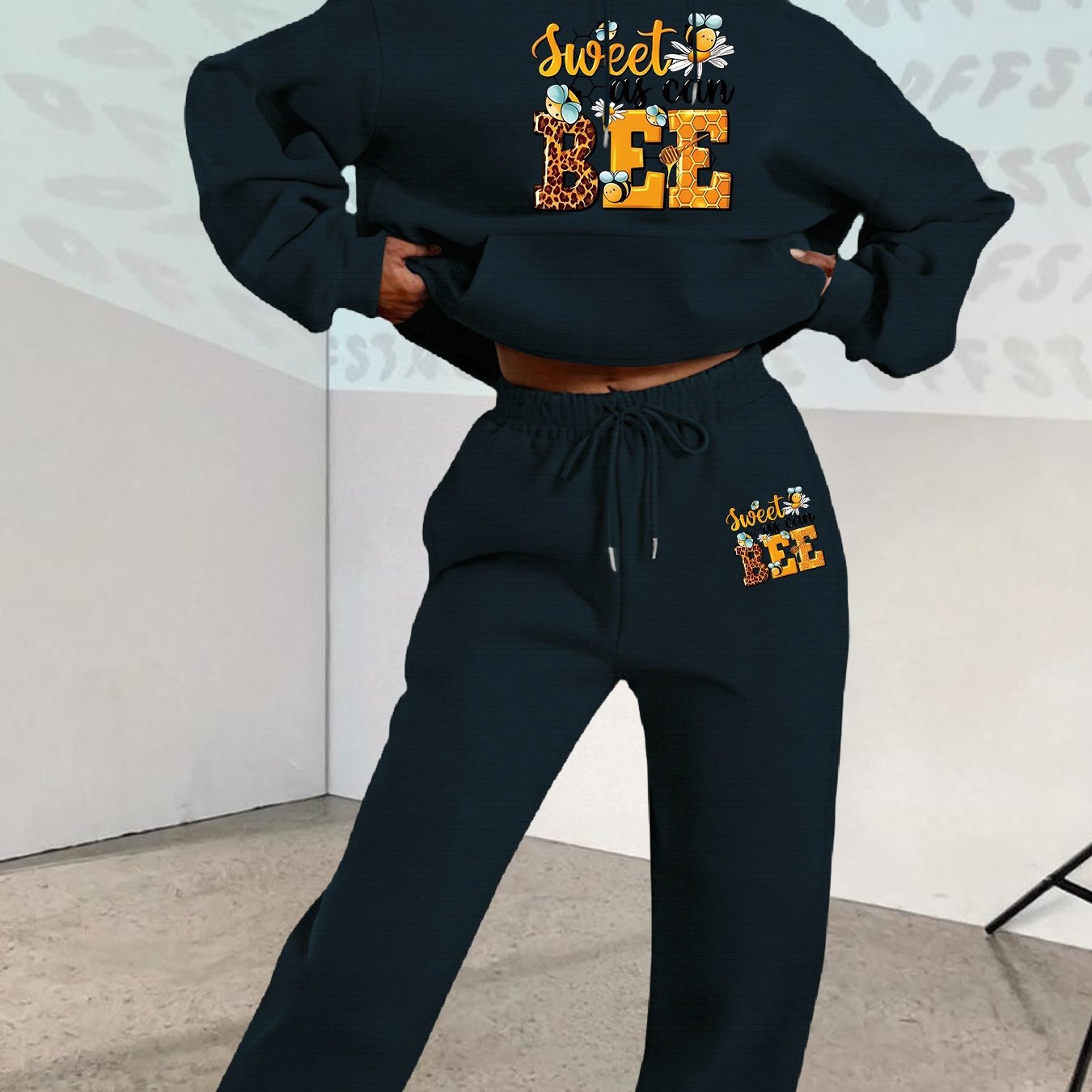 2025 Autumn Winter New Arrival, Sweet Cool Long Neck Deer Pattern Suit, Casual Letter Print Loose Warm Long Sleeve Hooded Sweatshirt with Elastic Drawstring Waist Pants Two-Piece Set, Women Two-piece Set Large Size Striped Ch Good Vibrations