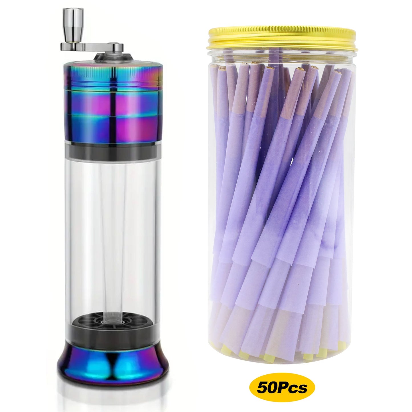 1pc Spice Grinder 3-in-1 with 50pcs Cigarette Paper, Rolled Cone Loader Machines Quick Fill, Grinding Storage with Magnetic Lid, King Size Pre-Rolled Cones with Tips, Rolling Paper Cones, Smoking Accessories, Gifts for Friend Good Vibrations