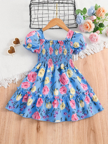 [Floral Party Dress] Floral Puff Sleeve Girls Party Dress | Shirred Ruffled Hem Kids Summer Clothes Good Vibrations