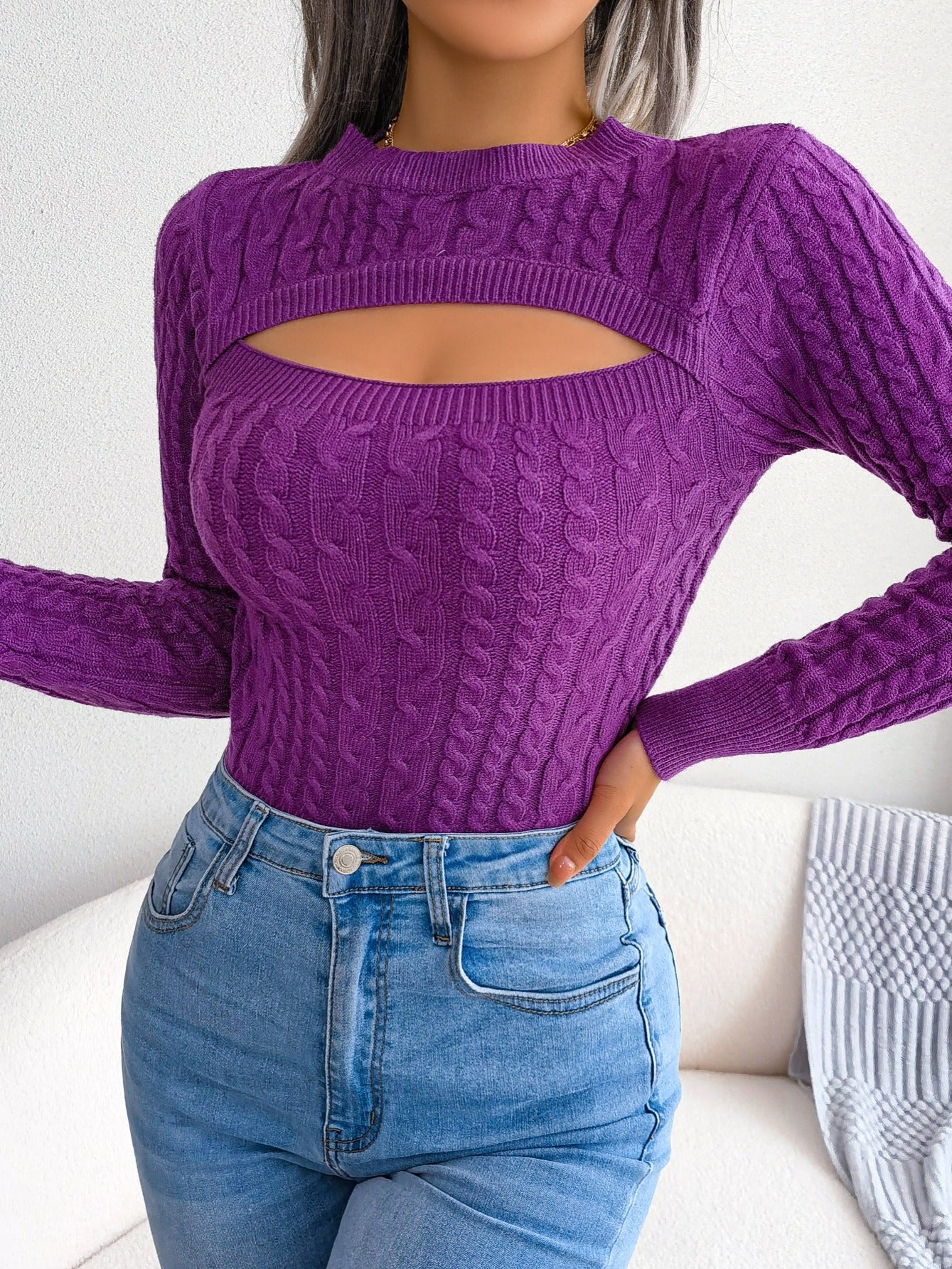 Long Sleeve High Stretch Acrylic Blend Women's Sexy Hollow-Out Knit Pullover Sweater, Skinny Fit, Solid Color, Spring/Fall Fashion Top, Crew Neck, Polyester 28%, Polyamide 22%, Viscose 28% Good Vibrations