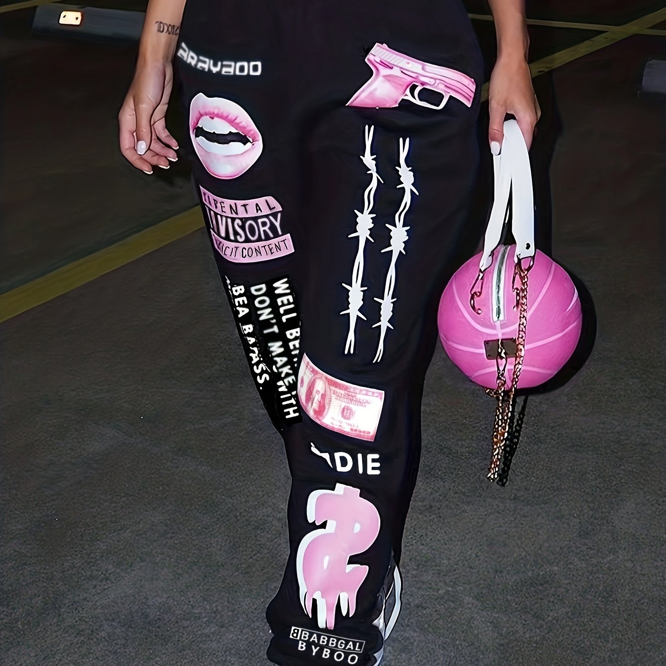 Women's Print Fashion Elastic Waist Sports Casual Sweater Oversize Pants Bottom TB5553 Plus Good Vibrations