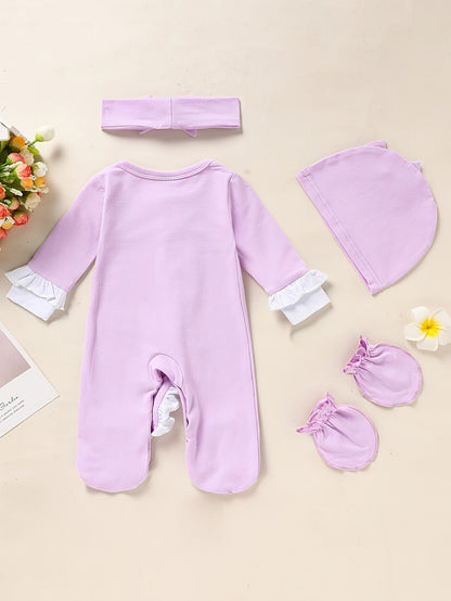 Newborn Baby Girl Clothes, Letter Print Footed Romper Jumpsuit & Headband & Hat & Baby Mittens, Cute Infant Clothing Set Good Vibrations