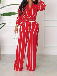 [Two-piece Set Long Sleeve Shirt] Striped Print Two-piece Set, Button Front Collar Long Sleeve Shirt & High Waist Wide Leg Loose Pants Set, Women's Clothing Good Vibrations